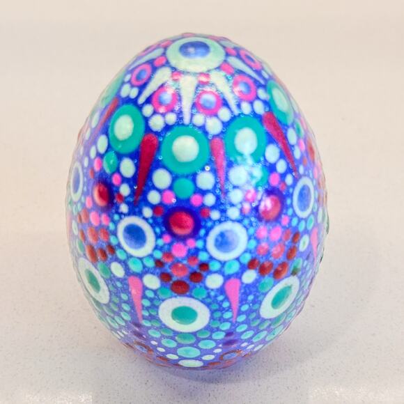Hand-Painted Wooden Egg With Mandala Dot Design, Blue and Purple Hues - Picture 2 of 6